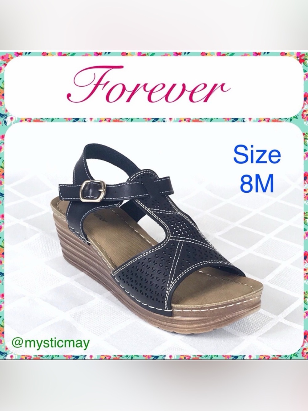NEW Black Open Toe Cutout Design Buckle Strap Platform Wedge Sandals Size 8 M